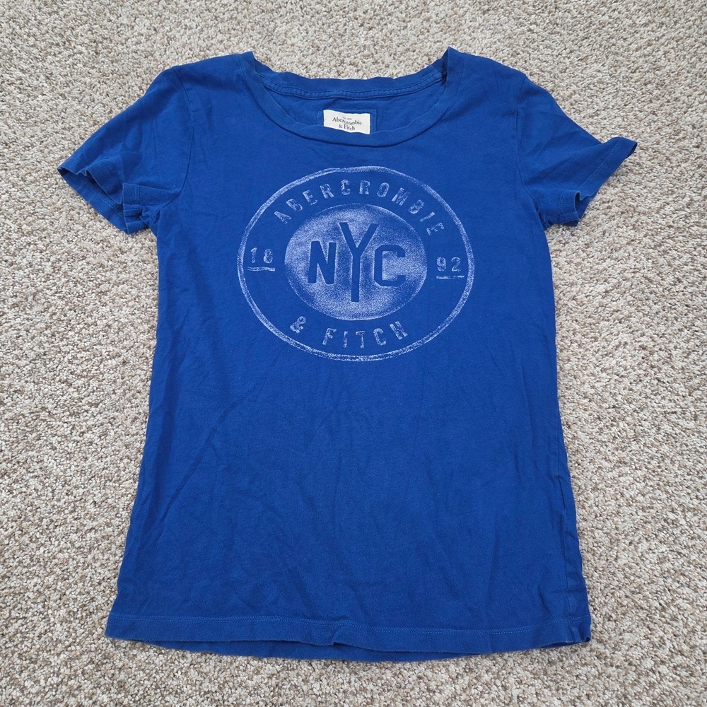 Abercrombie And Fitch Women's Blue Graphic Baby Tee size L Y2K Styled NYC 1892